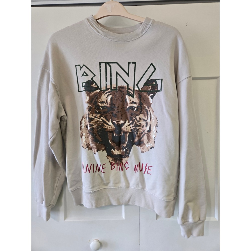 Anine Bing Muse Tiger Graphic Sweatshirt Oatmeal Beige Crew Neck Relaxed Fit